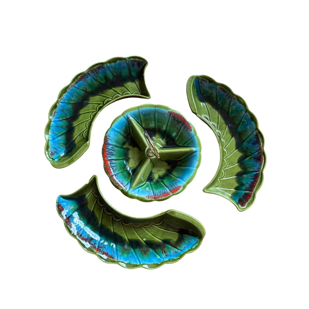 Vintage Mid Century Modern Ceramic Leaf Chip and Dip Set Drip Glaze 4 Piece